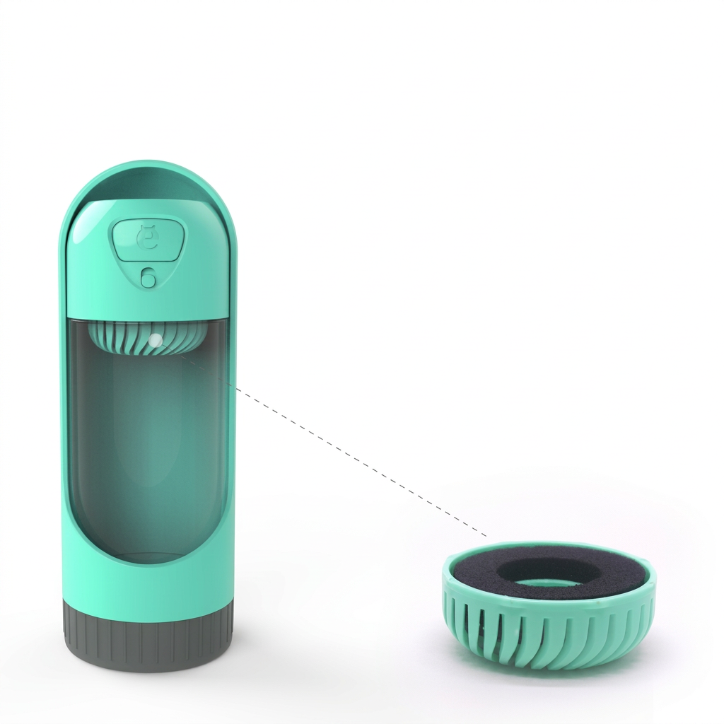 PetSip Pro portable pet water bottle with exploded charcoal filter